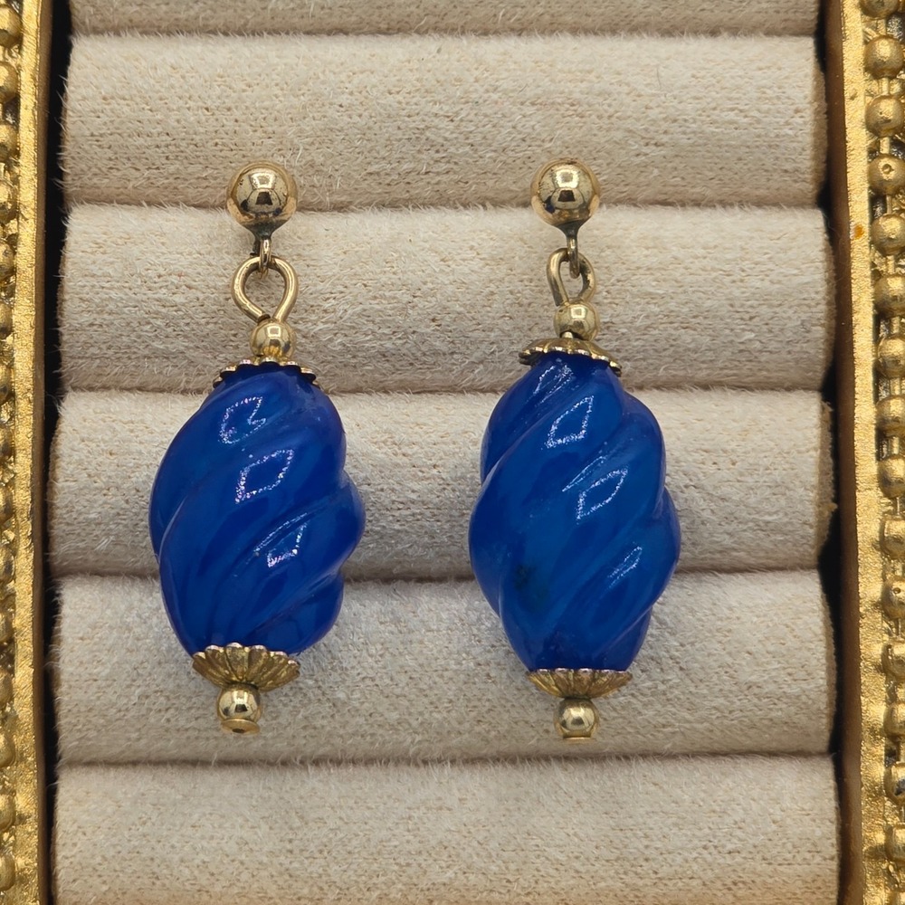 Vintage Cobalt Blue Swirl Earrings 14K GF Post Dangle Signed - Picture 3 of 8